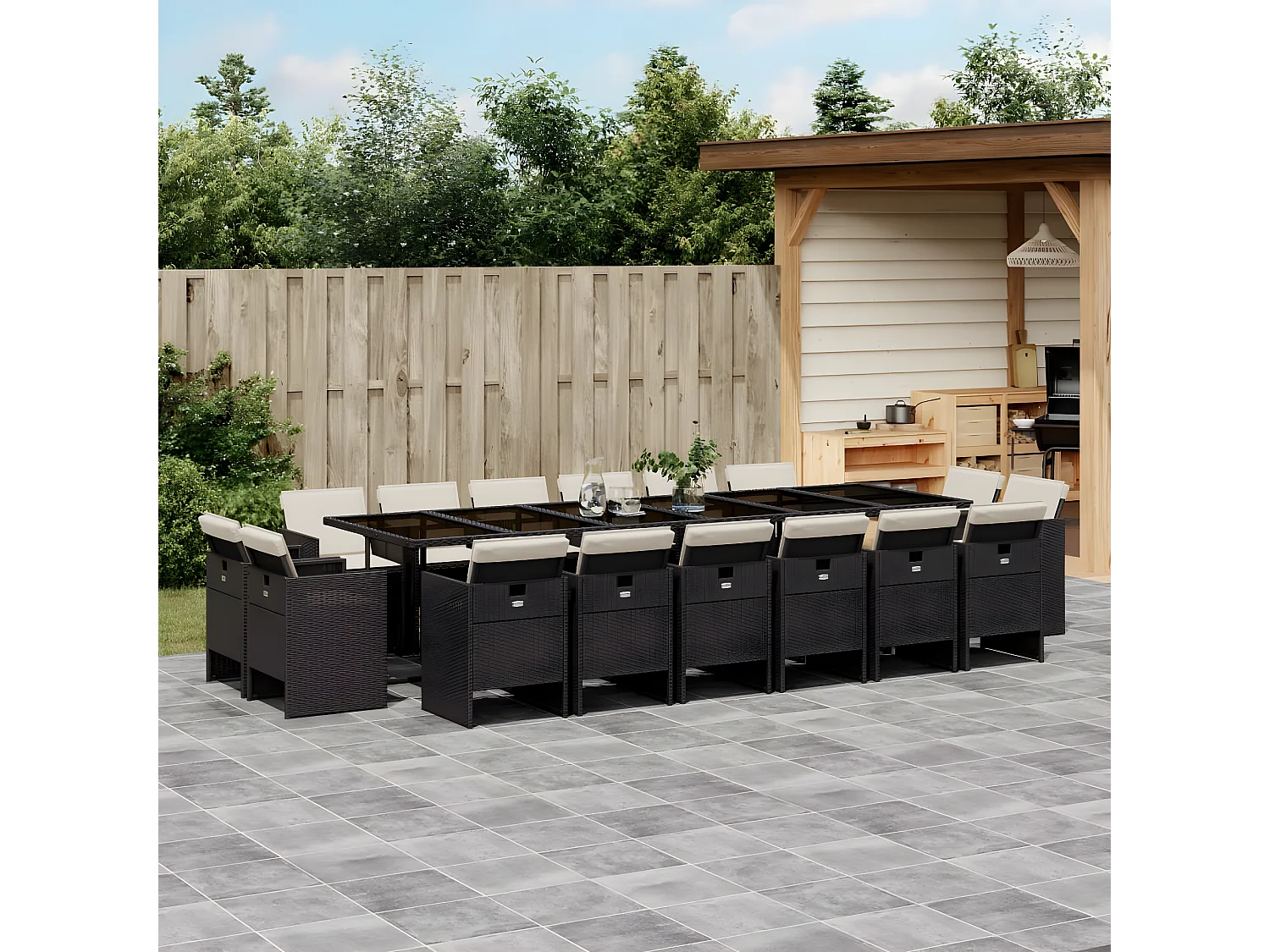 Ensemble à manger de jardin 17 pcs coussins noir résine tressée