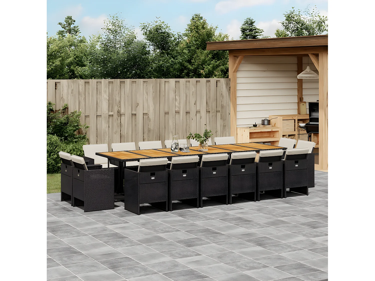 Ensemble à manger de jardin 17 pcs coussins noir résine tressée