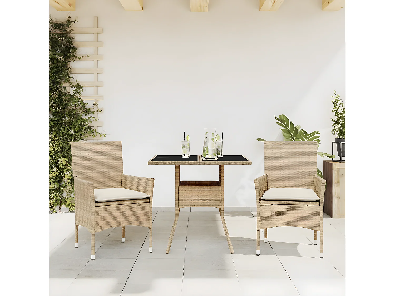 Ensemble à manger de jardin et coussins 3 pcs beige rotin verre