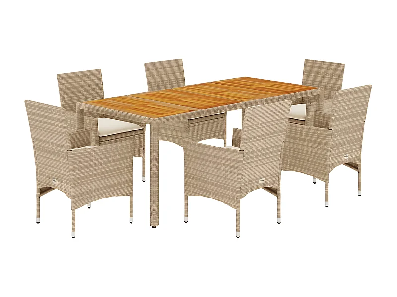 Ensemble à manger de jardin et coussins 7pcs beige rotin acacia