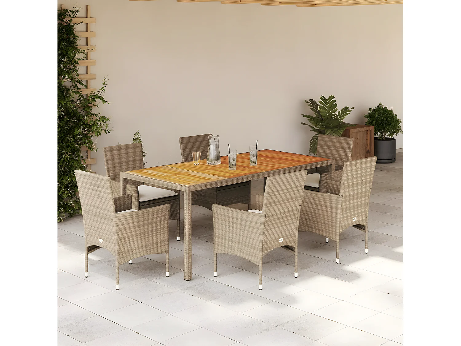 Ensemble à manger de jardin et coussins 7pcs beige rotin acacia