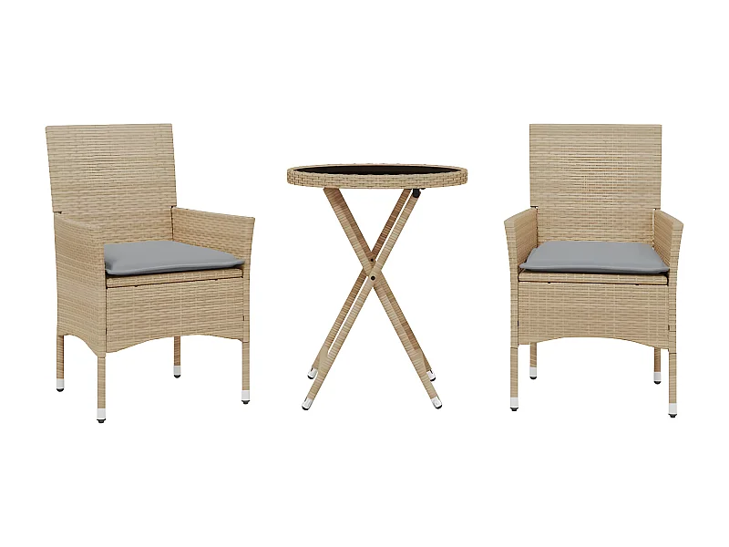 Ensemble de bistro avec coussins 3 pcs beige rotin et verre