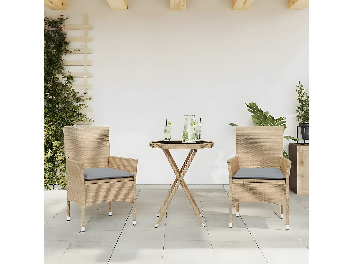 Ensemble de bistro avec coussins 3 pcs beige rotin et verre