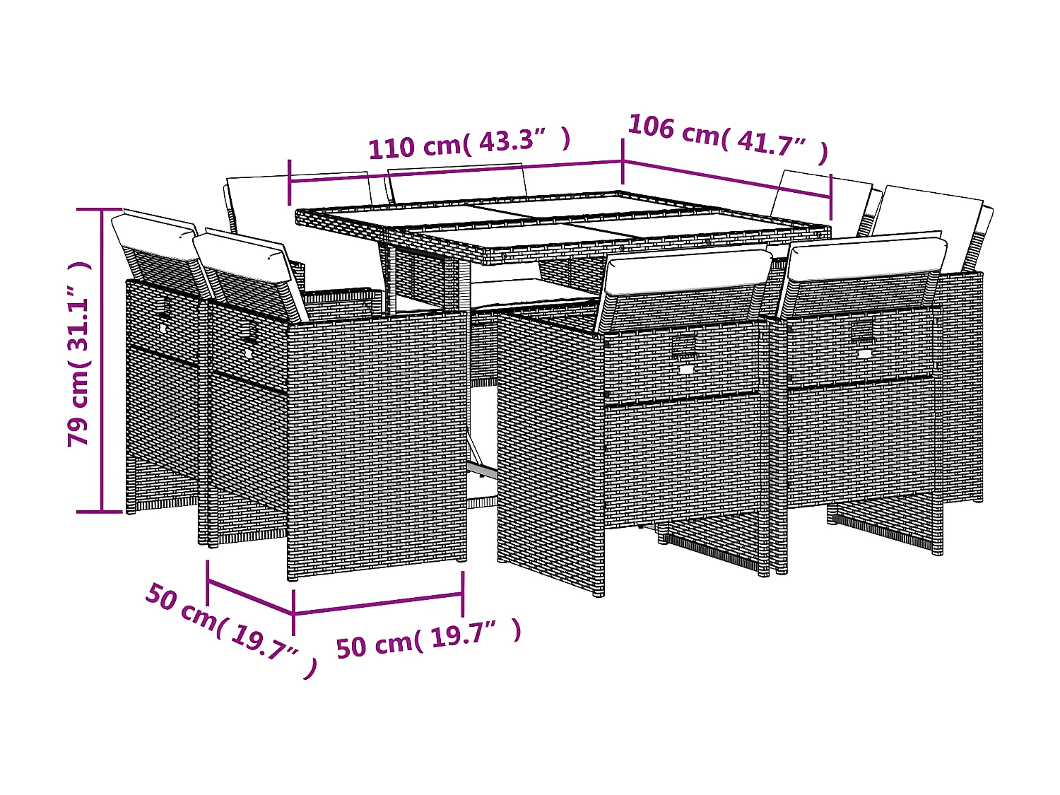 Ensemble à manger de jardin et coussins 9 pcs gris clair rotin