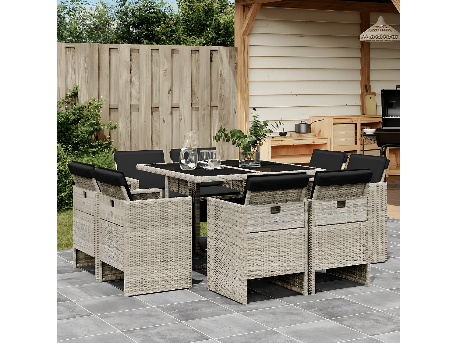 Ensemble à manger de jardin et coussins 9 pcs gris clair rotin