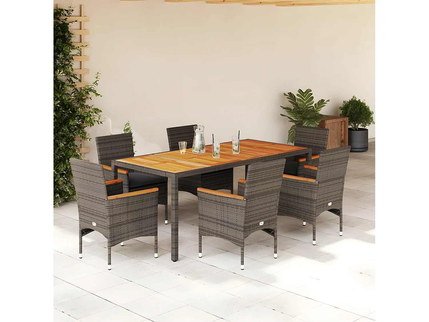 Ensemble à manger de jardin et coussins 7 pcs gris rotin acacia