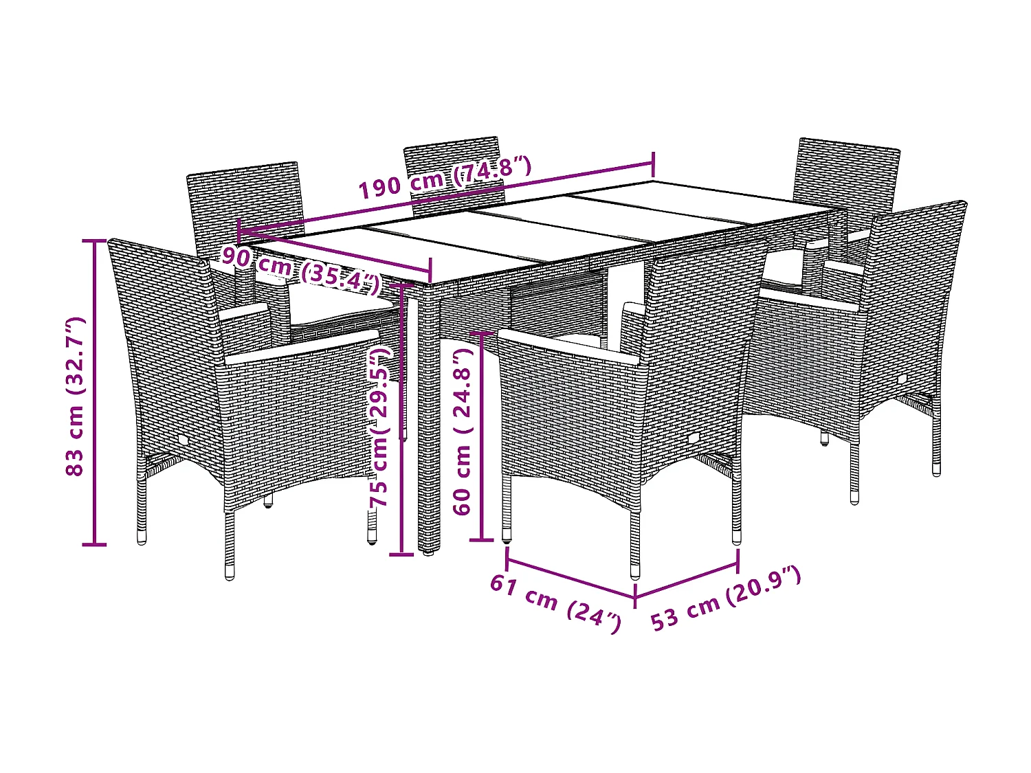 Ensemble à manger de jardin et coussins 7 pcs gris rotin acacia