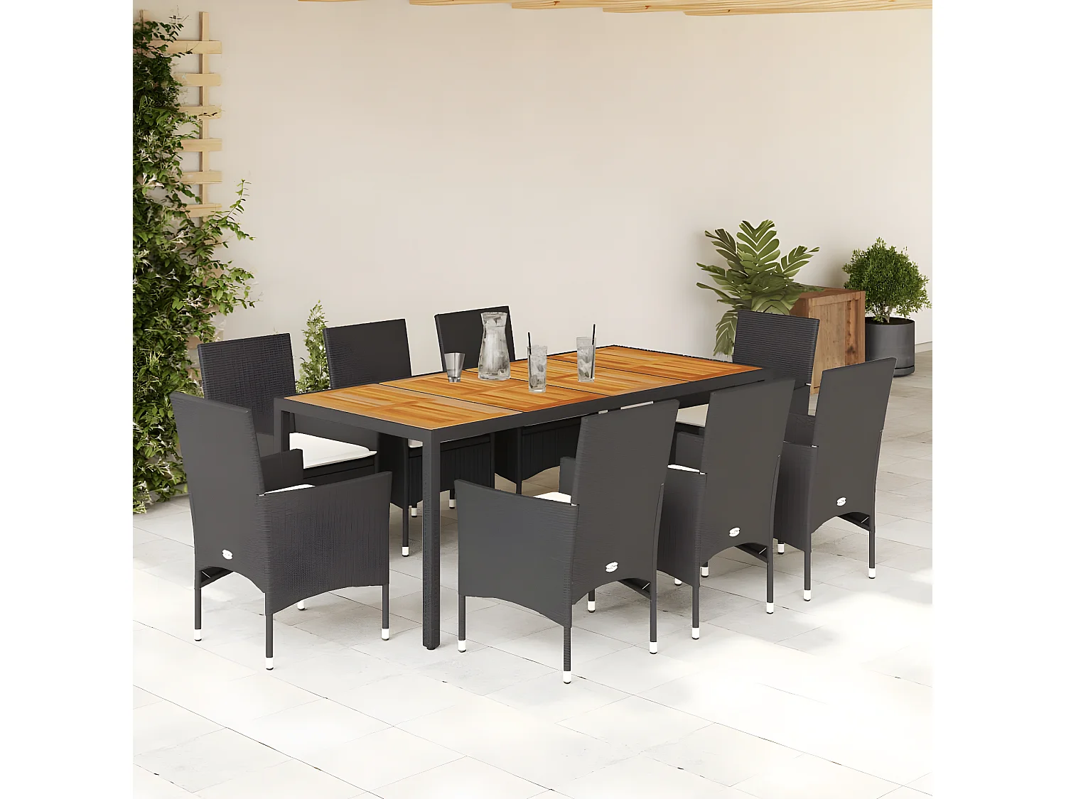 Ensemble à manger de jardin et coussins 9 pcs noir rotin acacia