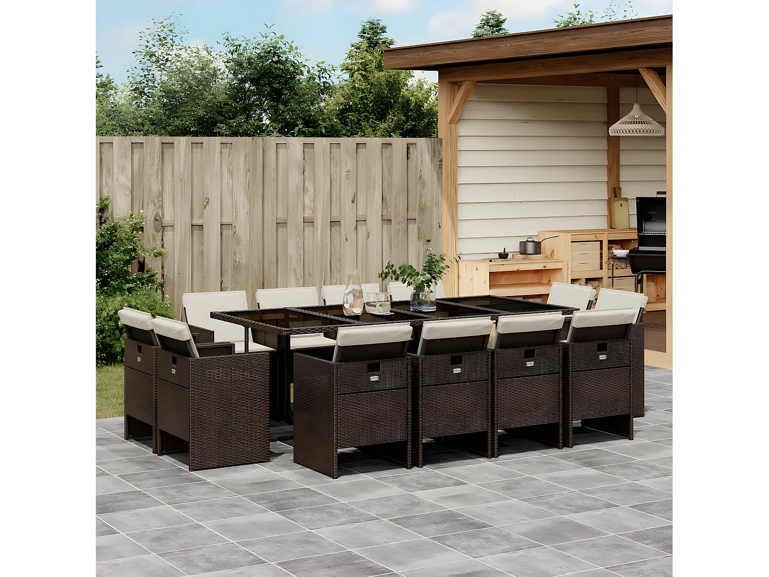 Ensemble à manger de jardin avec coussins 13 pcs marron rotin