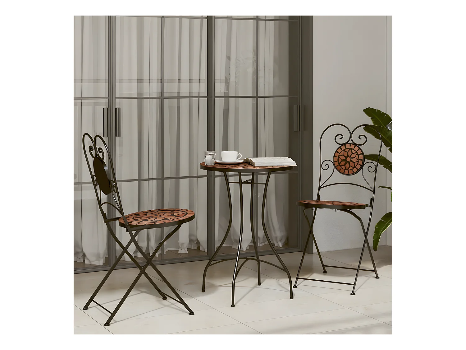 Bistroset mozaïek ijzer en keramiek terracottakleurig