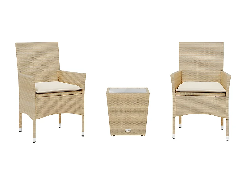 Ensemble de bistro avec coussins 3 pcs beige rotin et verre