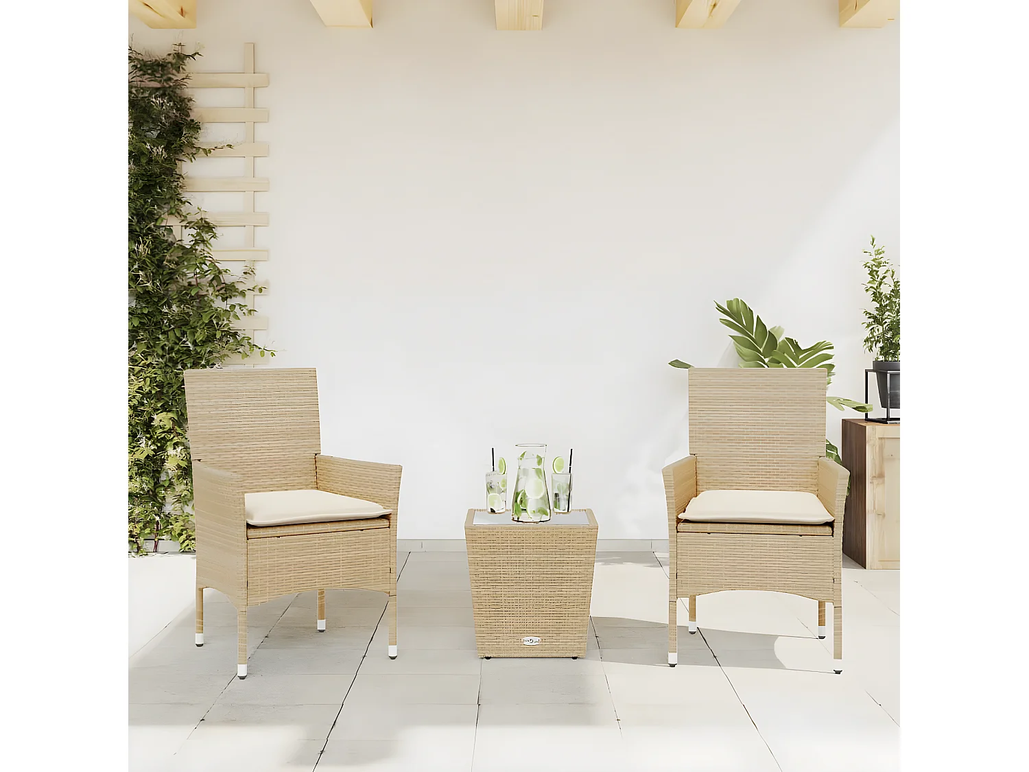 Ensemble de bistro avec coussins 3 pcs beige rotin et verre