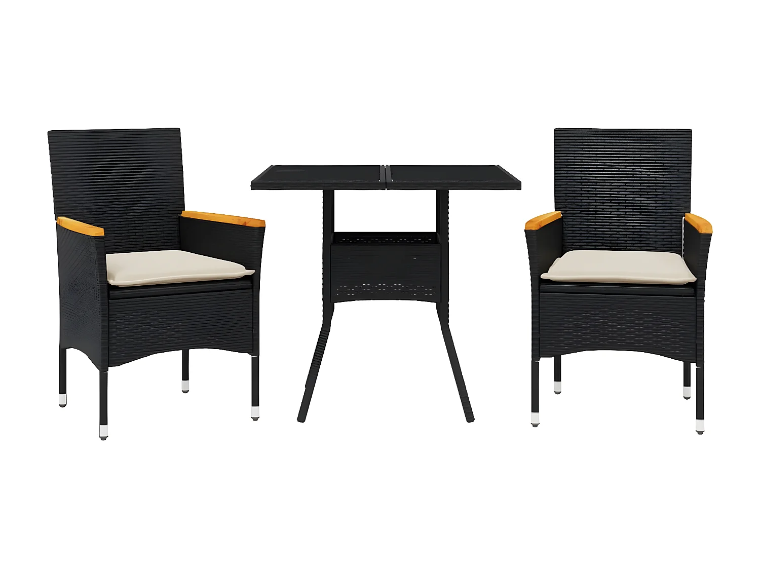 Ensemble à manger de jardin et coussins 3 pcs noir rotin verre