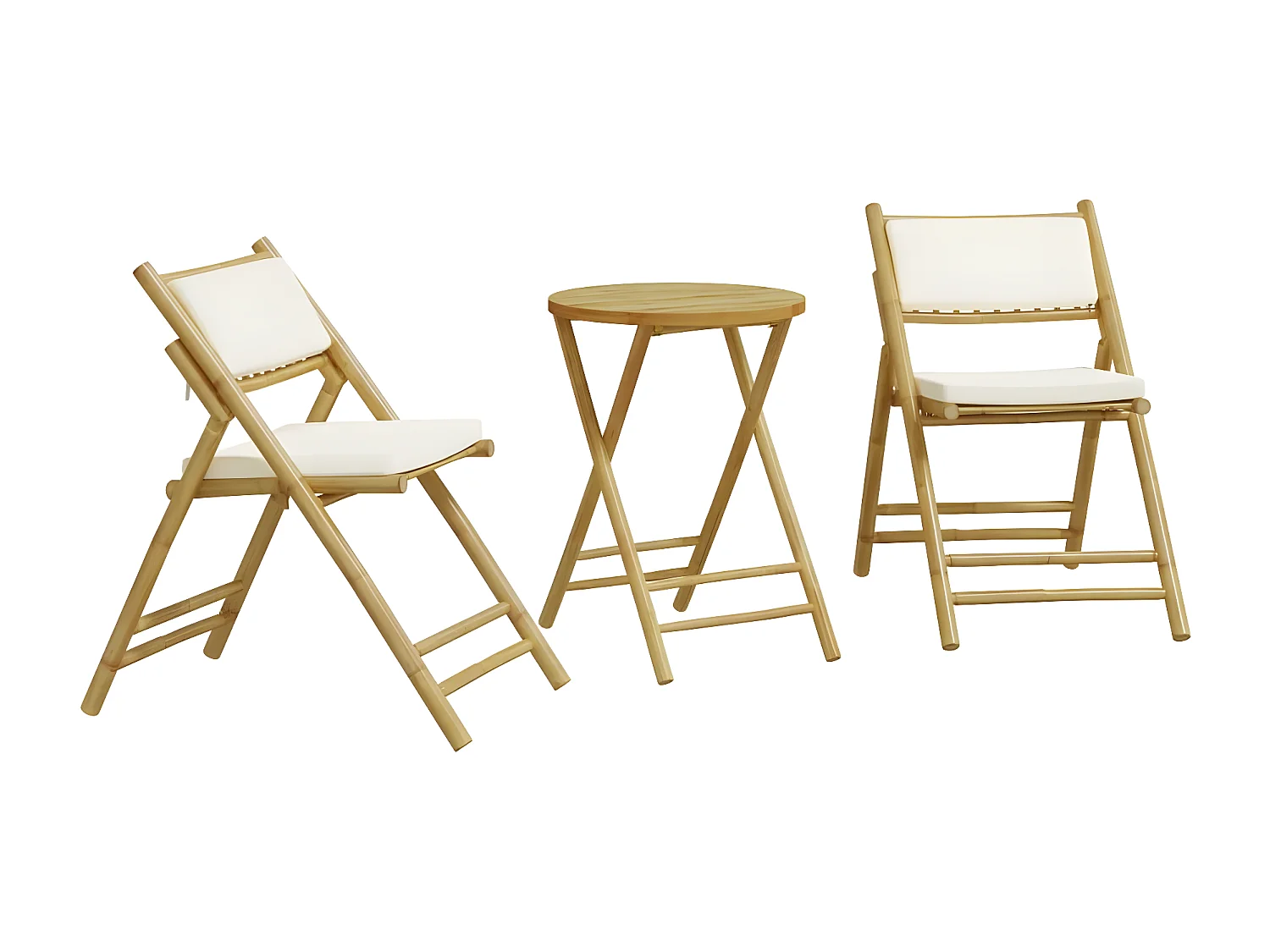 Ensemble de bistro pliante 3 pcs et coussins blanc crème bambou