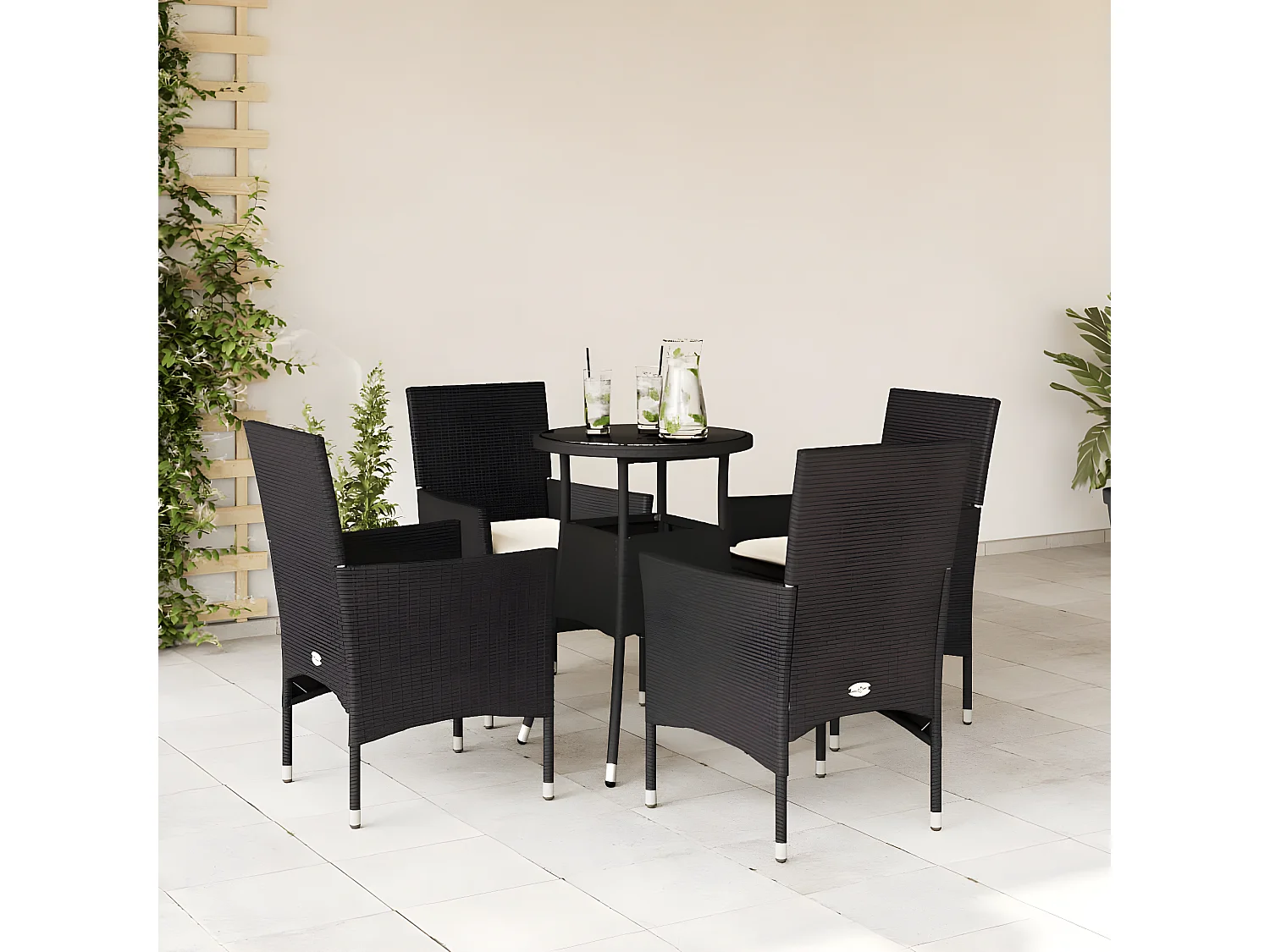 Ensemble à manger de jardin et coussins 5 pcs noir rotin verre