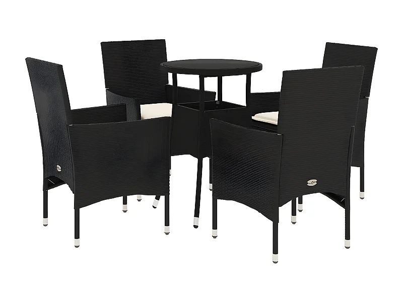 Ensemble à manger de jardin et coussins 5 pcs noir rotin verre