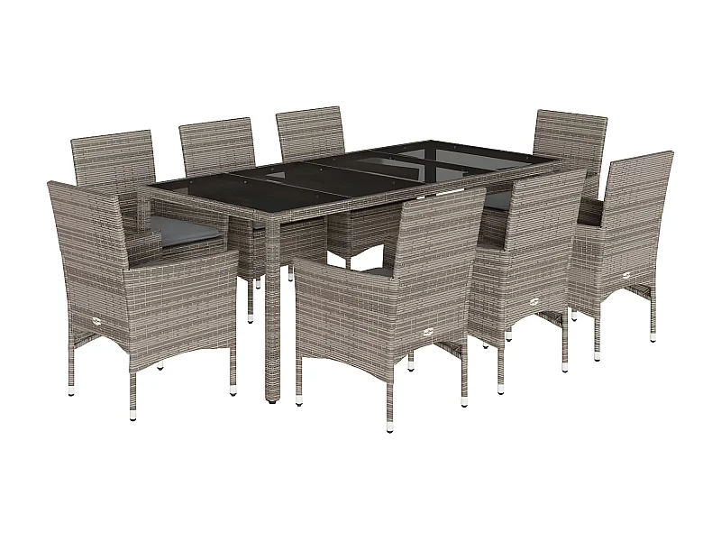 Ensemble à manger de jardin et coussins 9 pcs gris rotin verre