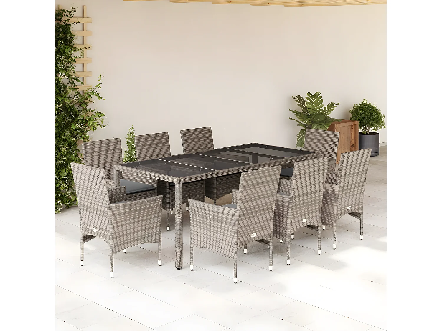 Ensemble à manger de jardin et coussins 9 pcs gris rotin verre