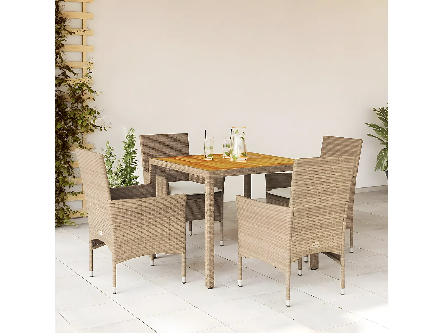 Ensemble à manger de jardin et coussins 5pcs beige rotin acacia