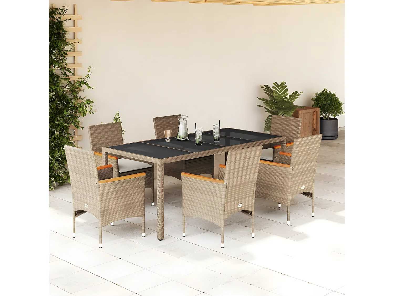 Ensemble à manger de jardin et coussins 7 pcs beige rotin verre