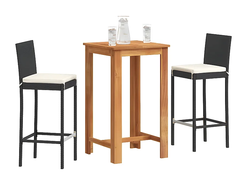Ensemble de bar de jardin 3 pcs noir bois massif acacia rotin