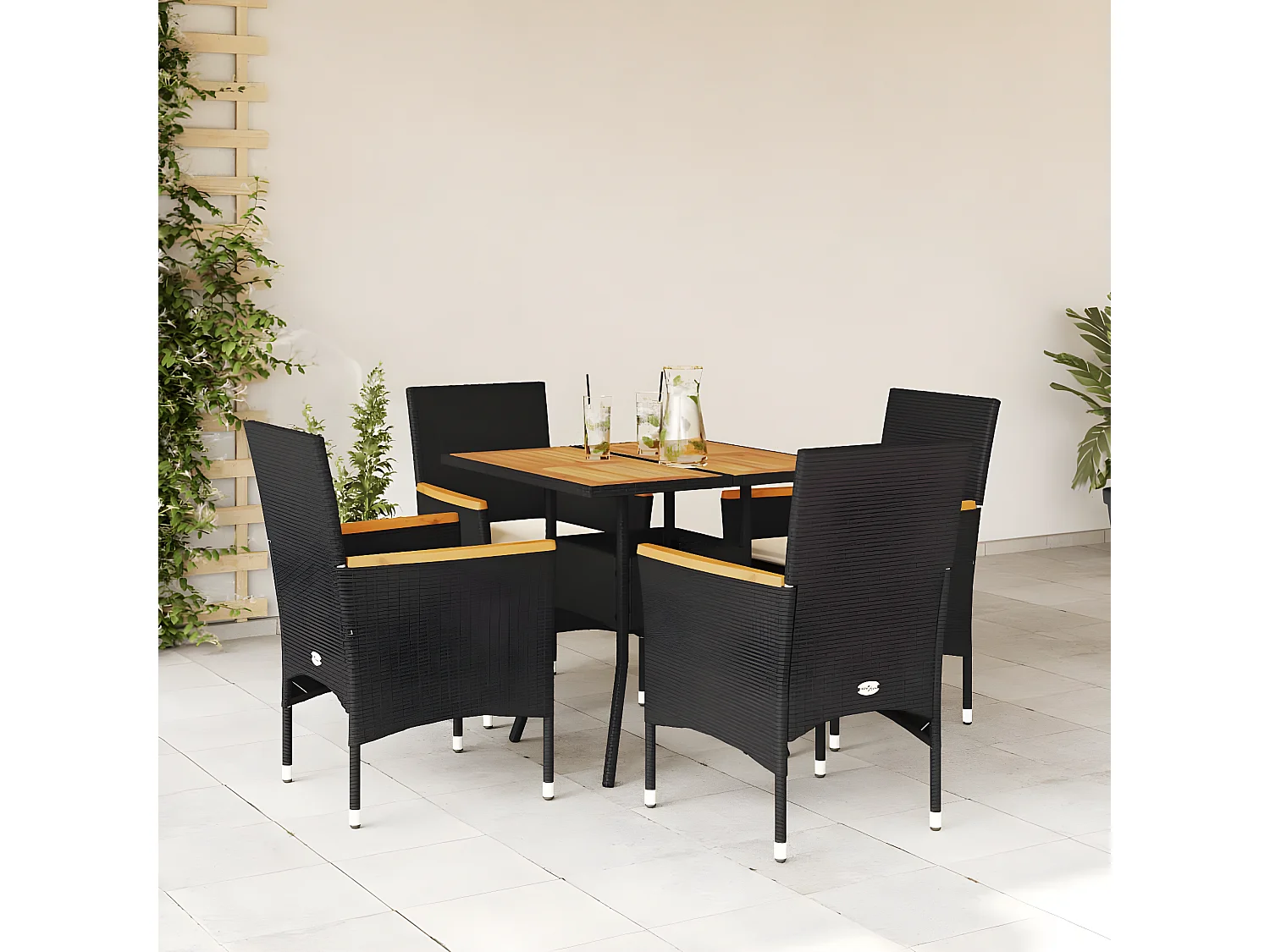 Ensemble à manger de jardin et coussins 5 pcs noir rotin acacia