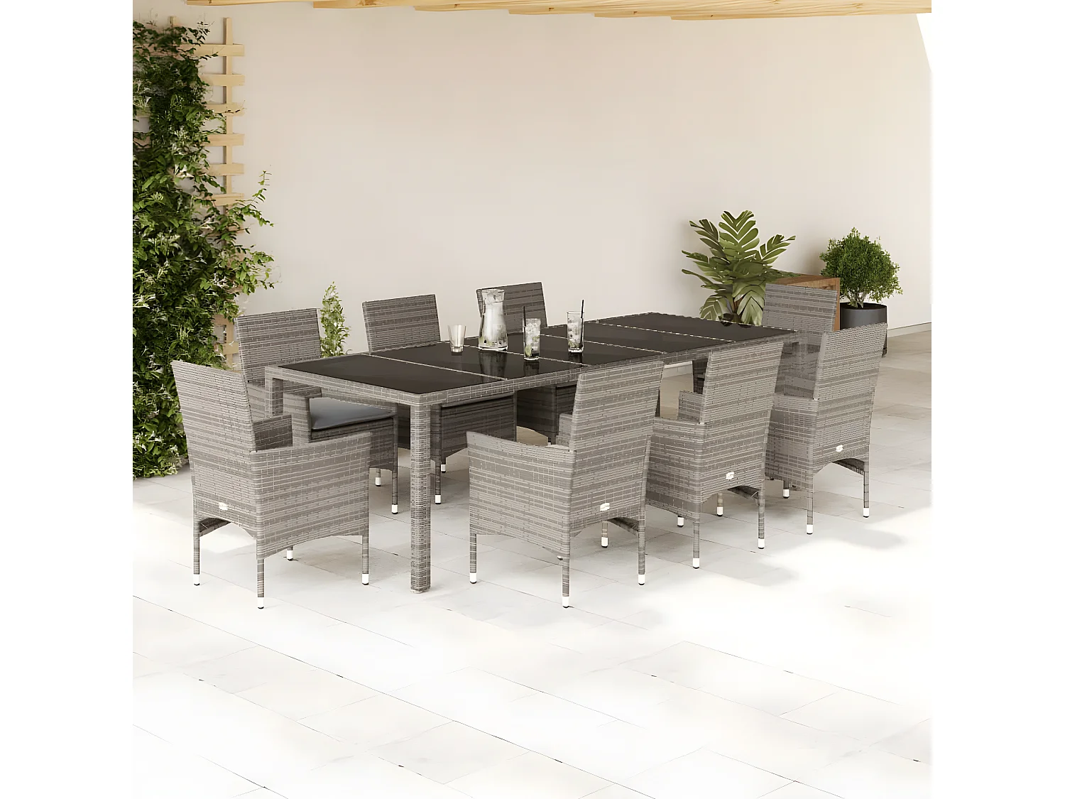Ensemble à manger de jardin et coussins 9 pcs gris rotin verre