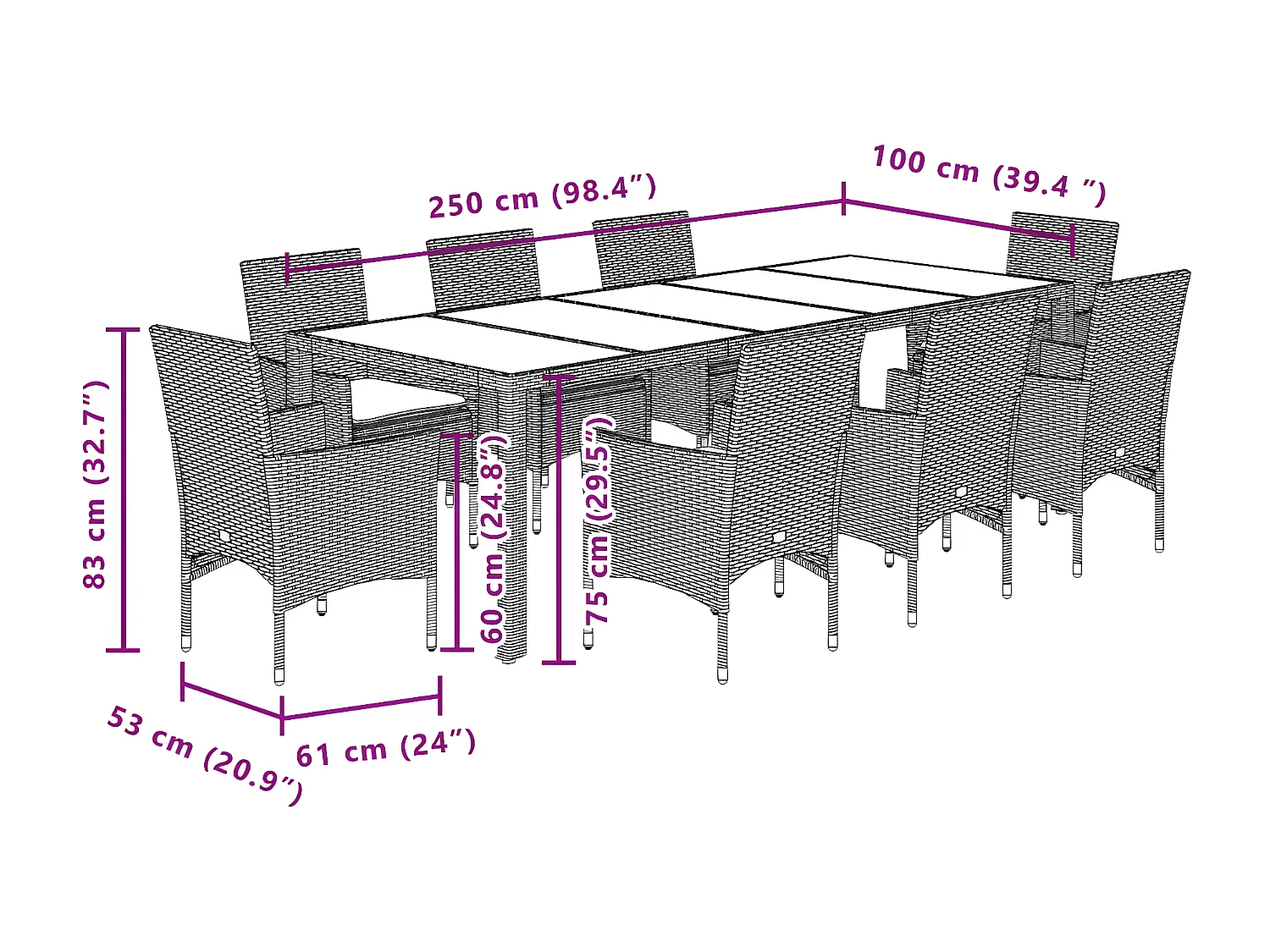 Ensemble à manger de jardin et coussins 9 pcs gris rotin verre