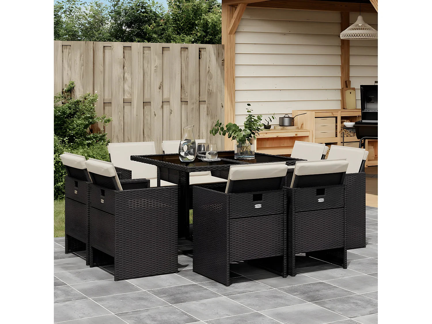 Ensemble à manger de jardin 9pcs coussins noir résine tressée