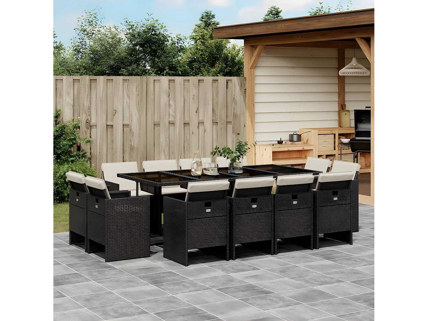 Ensemble à manger de jardin 13 pcs coussins noir résine tressée