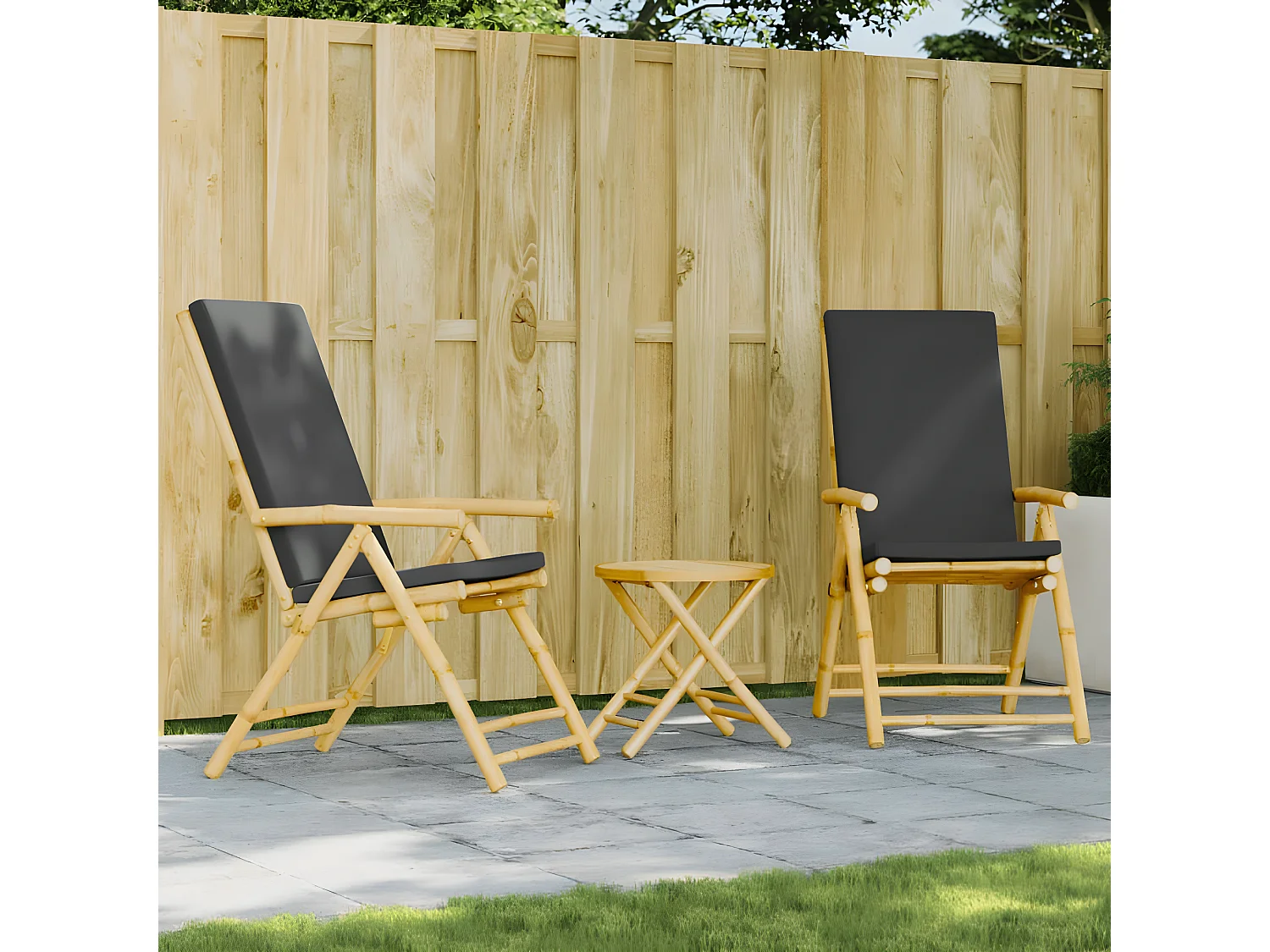 Ensemble de bistro pliante 3 pcs et coussins gris foncé bambou