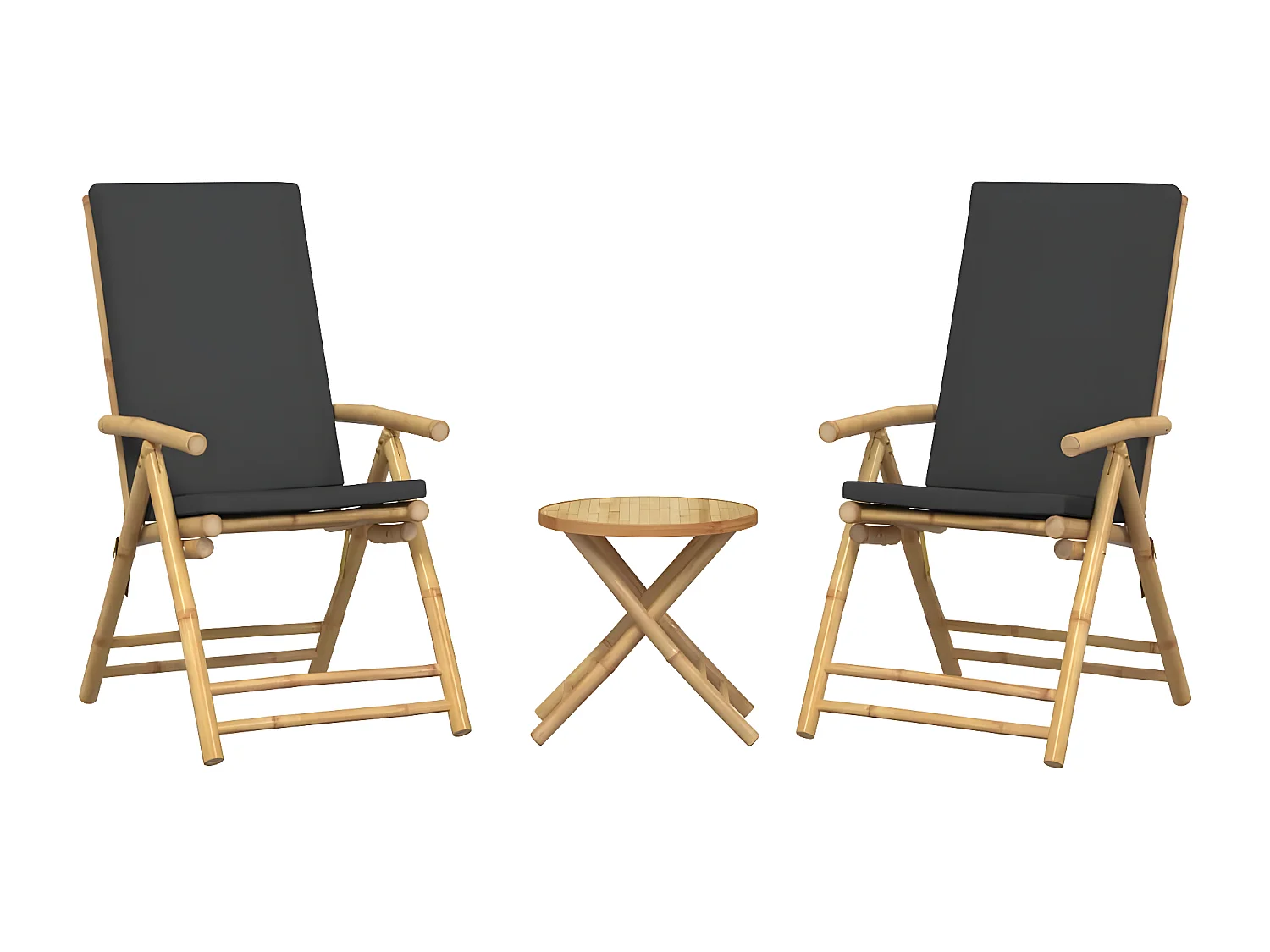 Ensemble de bistro pliante 3 pcs et coussins gris foncé bambou