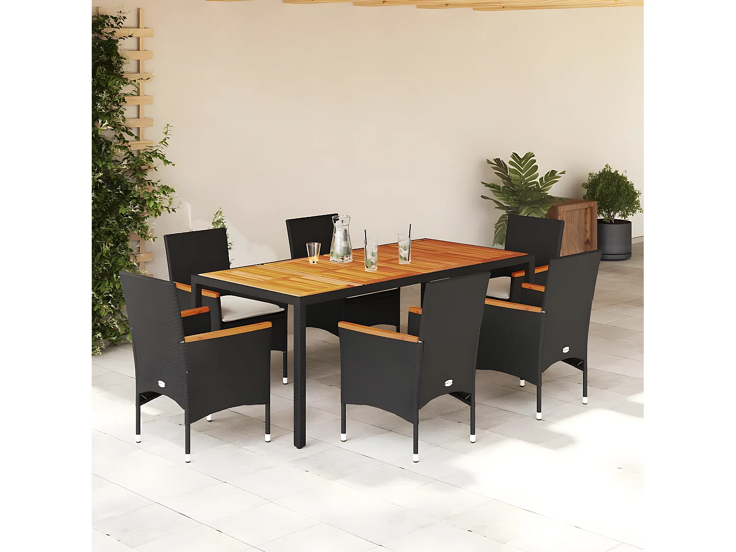 Ensemble à manger de jardin et coussins 7pcs noir rotin acacia
