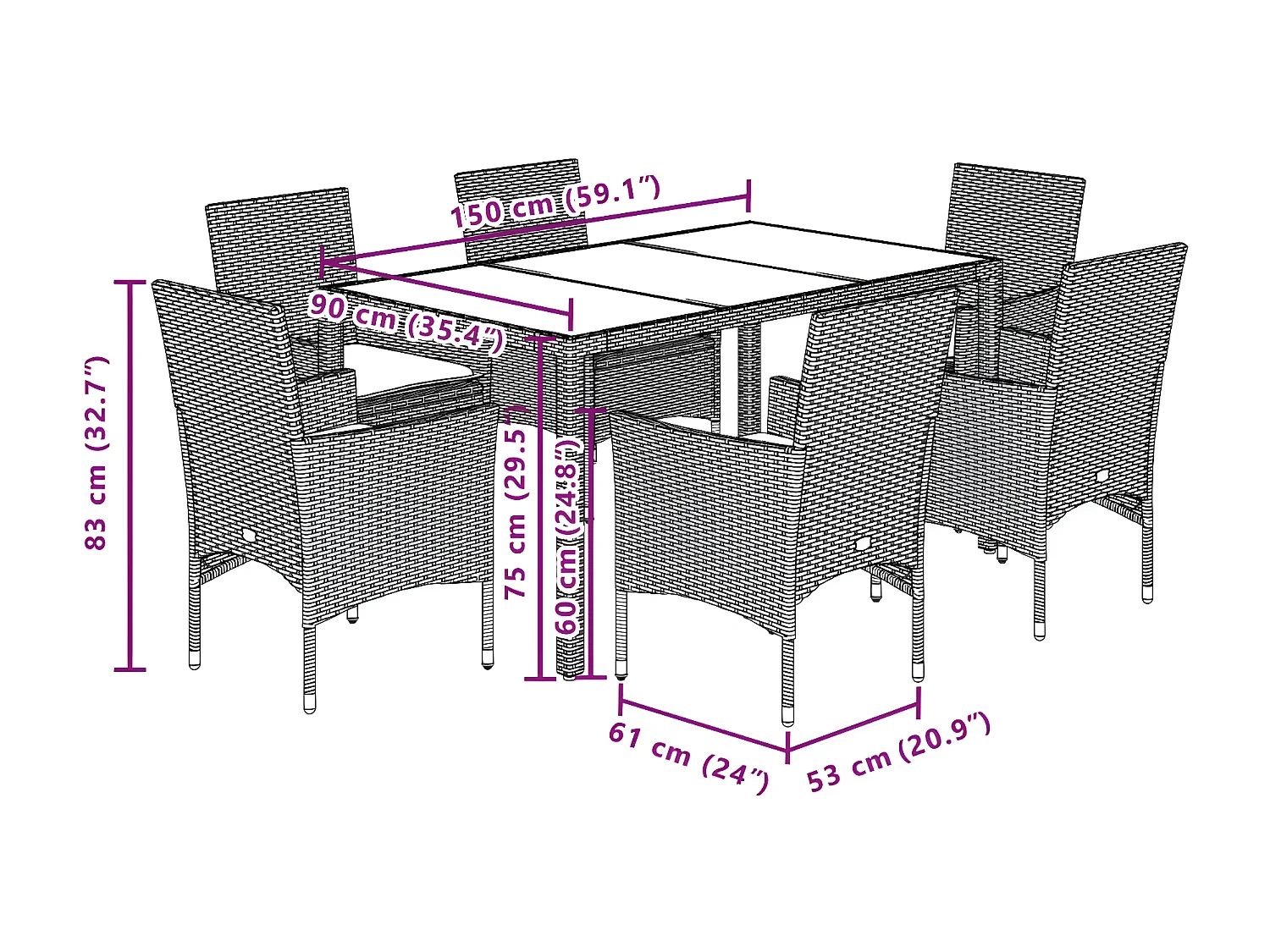 Ensemble à manger de jardin et coussins 7 pcs beige rotin verre