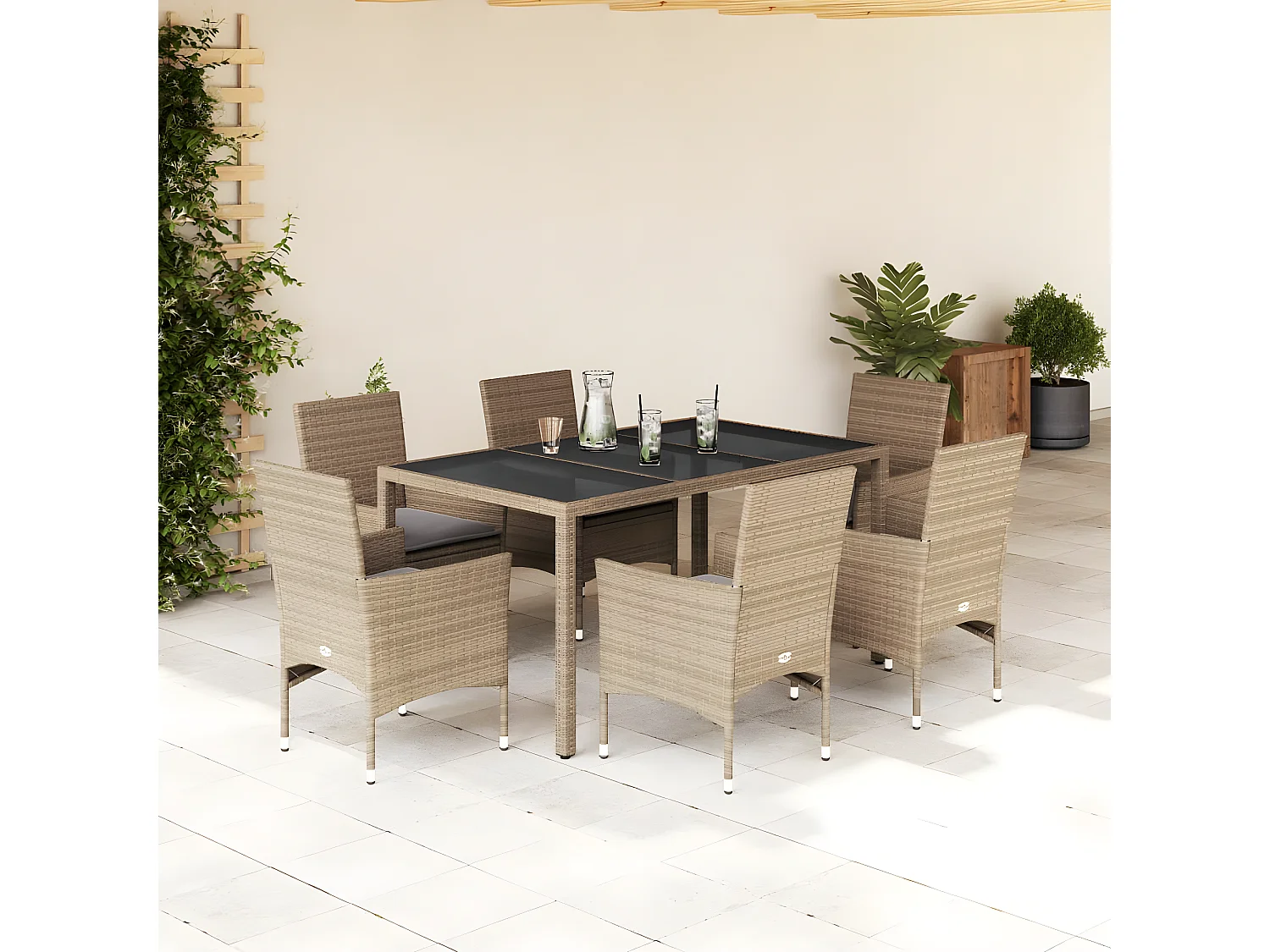 Ensemble à manger de jardin et coussins 7 pcs beige rotin verre