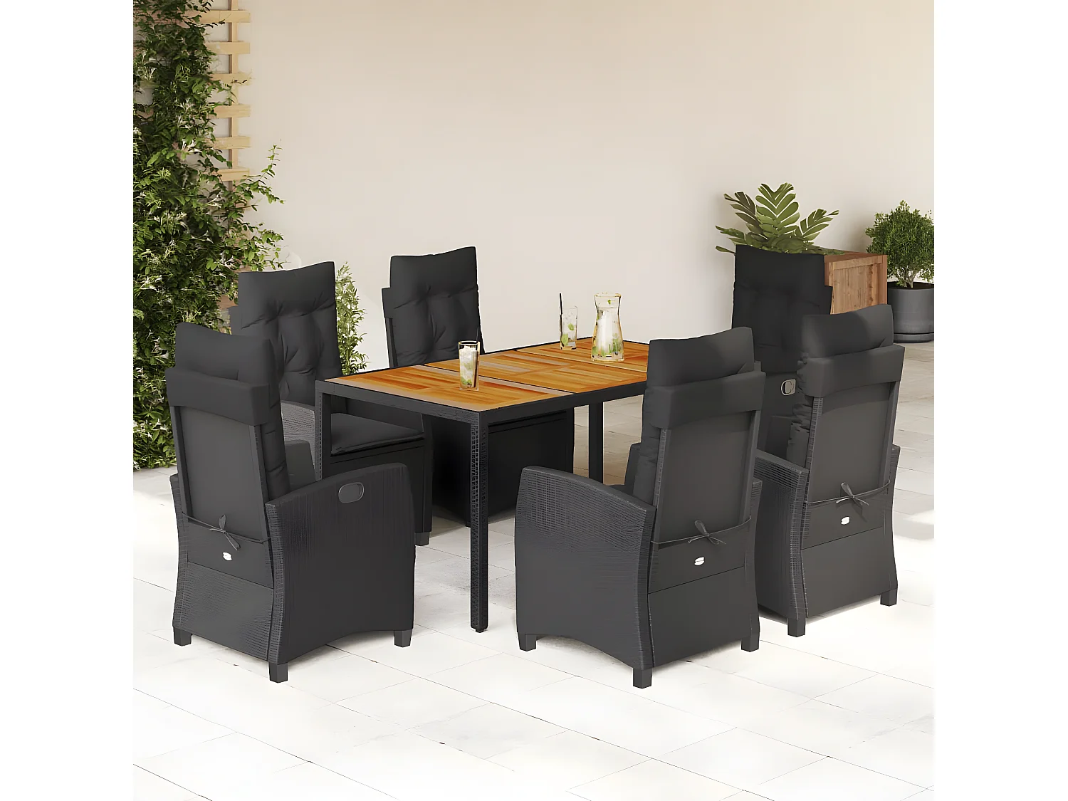 Ensemble à manger de jardin coussins 7pcs Noir Résine tressée