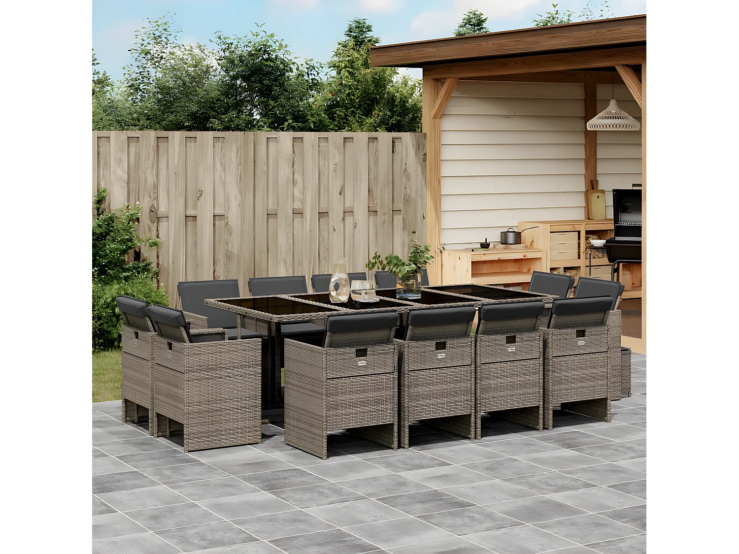 Ensemble à manger de jardin coussins 13 pcs gris résine tressée