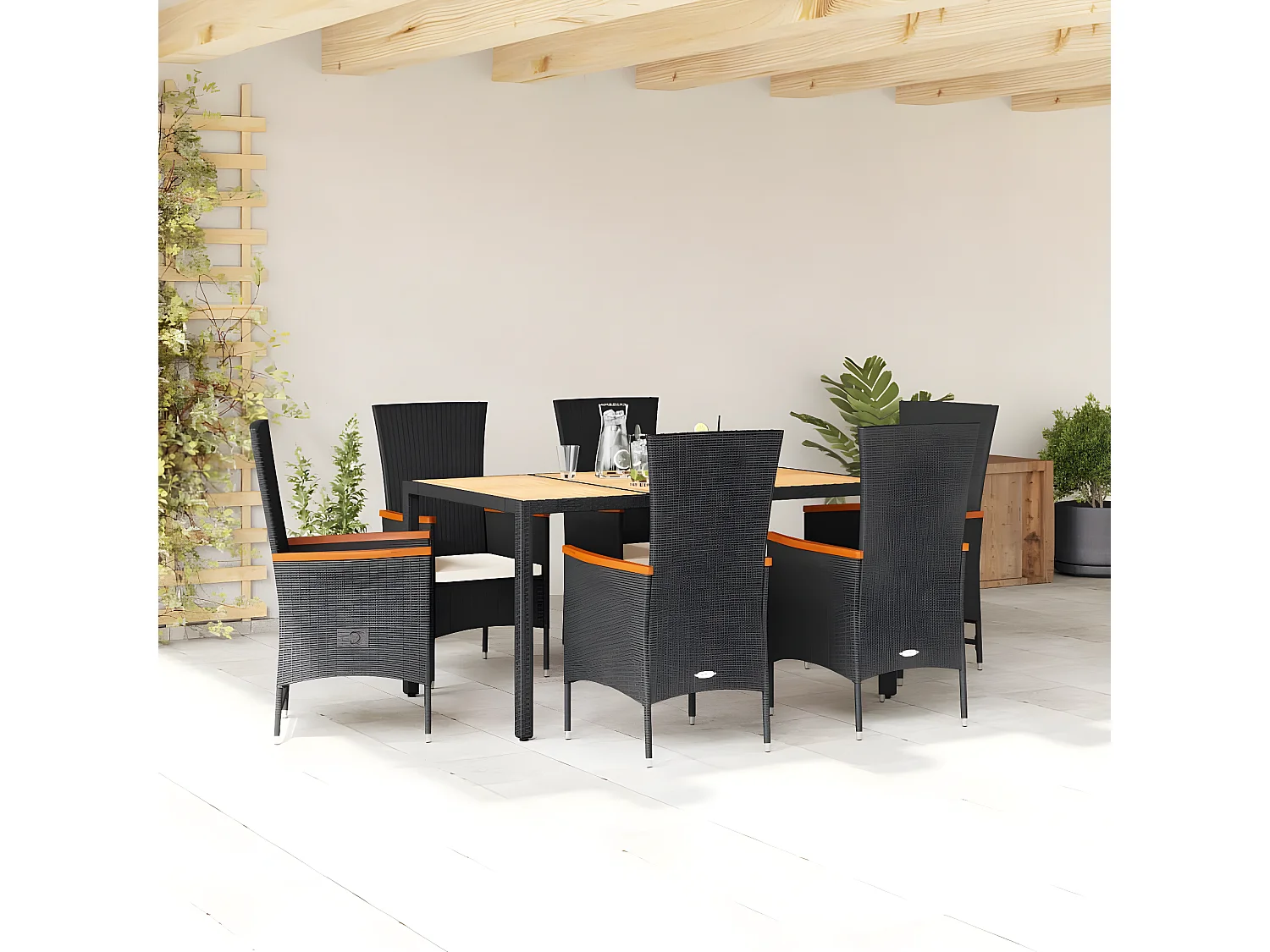 Ensemble à manger de jardin coussins 7pcs Noir Résine tressée