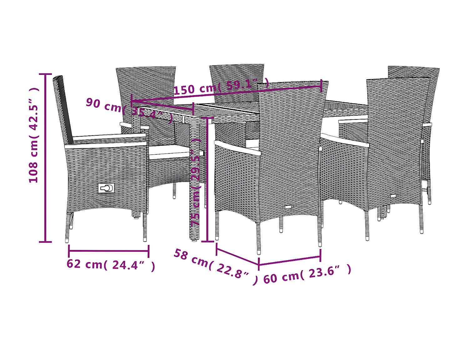 Ensemble à manger de jardin coussins 7pcs Noir Résine tressée
