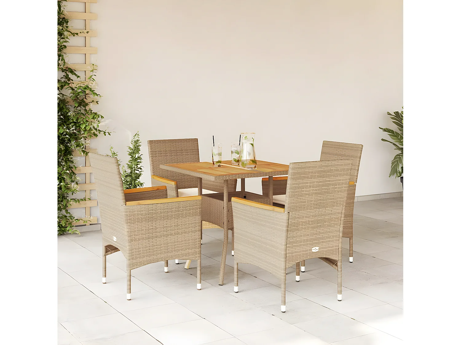 Ensemble à manger de jardin et coussins 5pcs beige rotin acacia