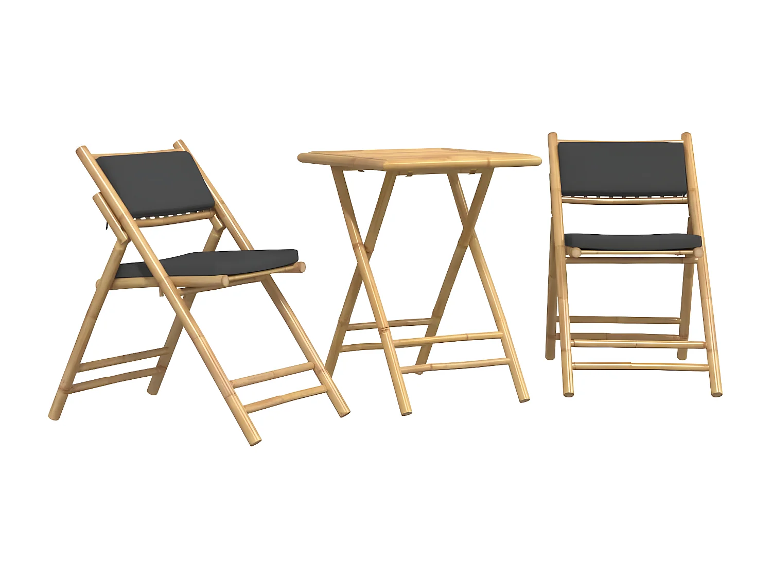 Ensemble de bistro pliante 3 pcs et coussins gris foncé bambou