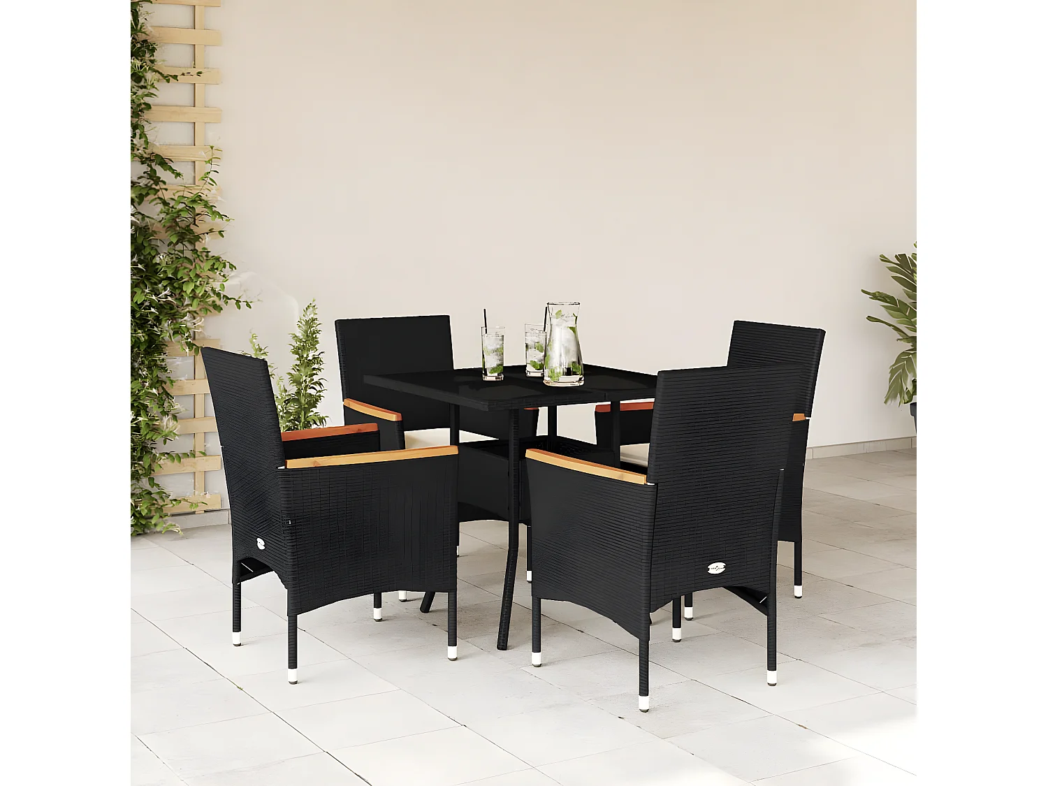 Ensemble à manger de jardin et coussins 5 pcs noir rotin verre