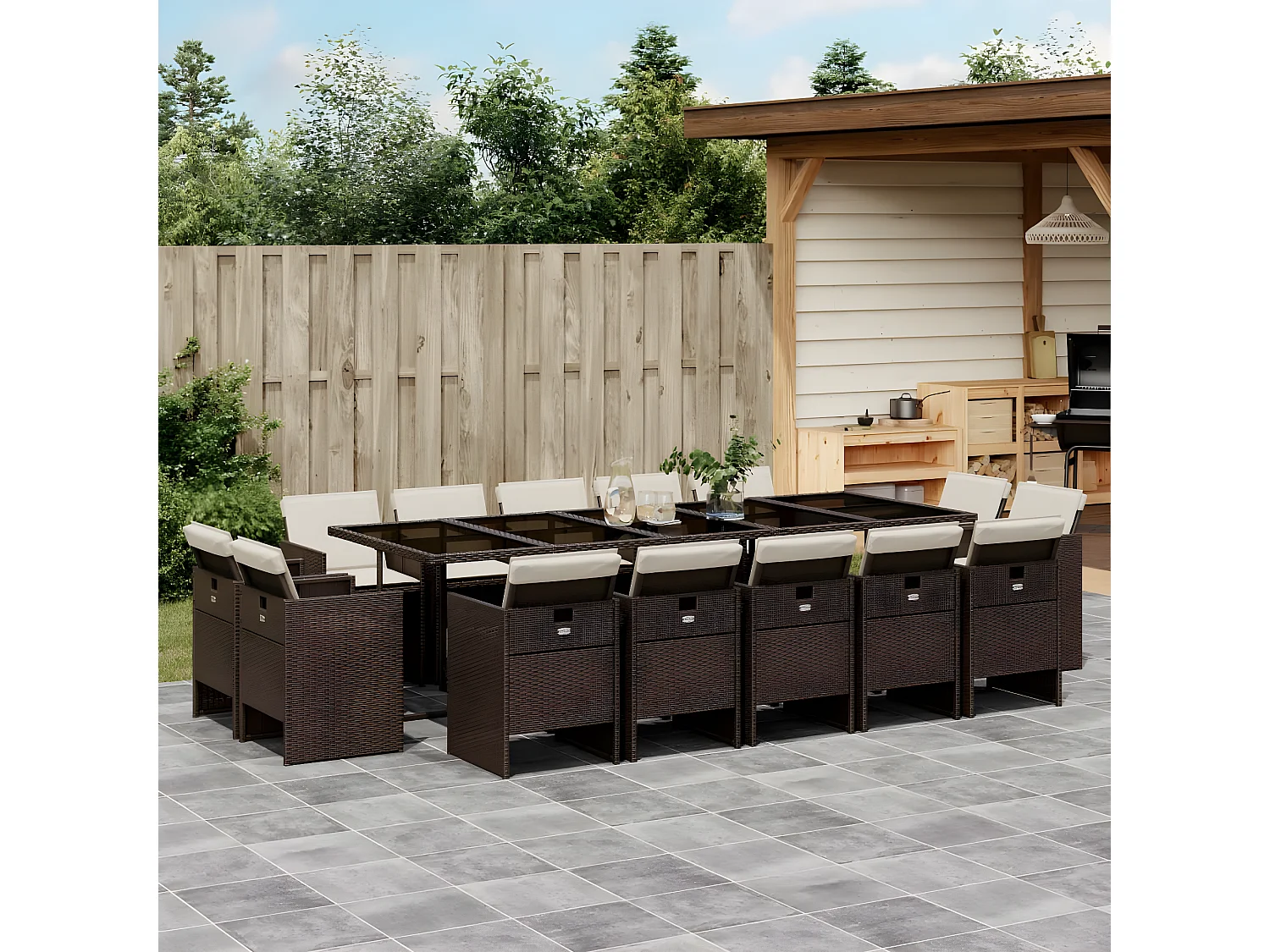 Ensemble à manger de jardin avec coussins 15 pcs marron rotin