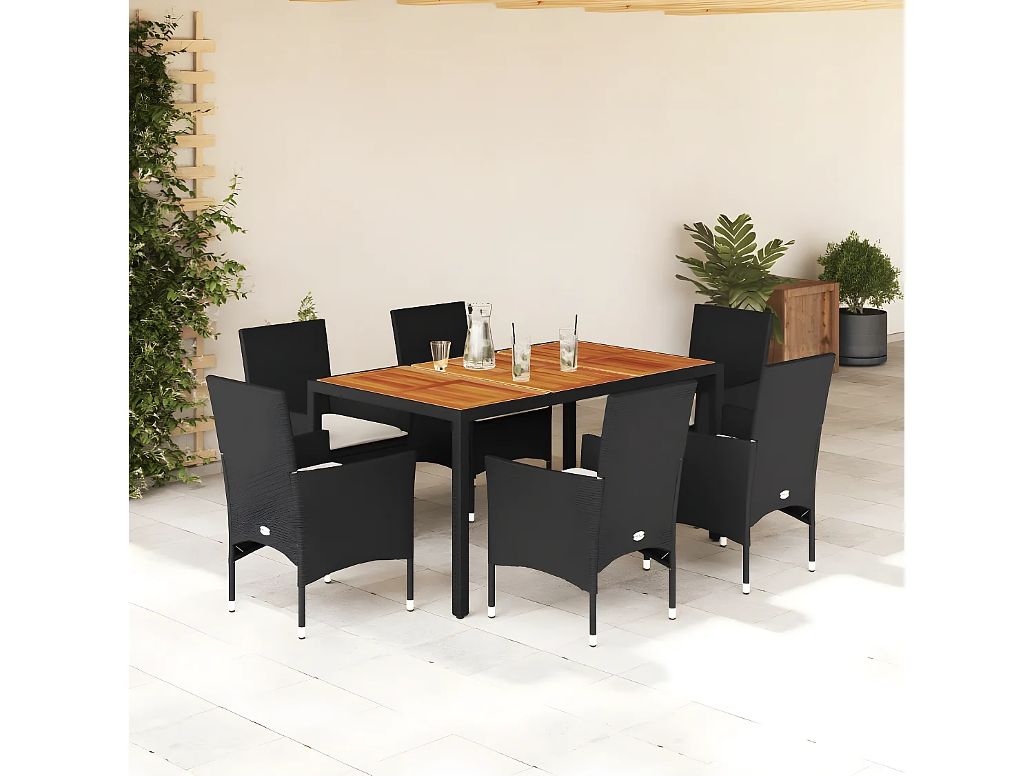 Ensemble à manger de jardin et coussins 7pcs noir rotin acacia