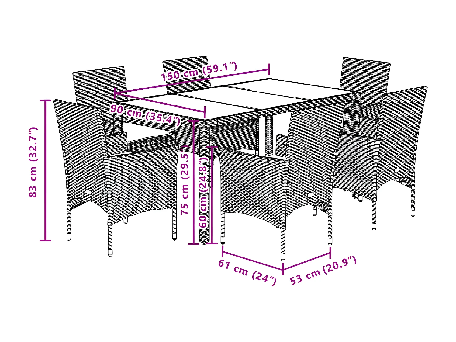 Ensemble à manger de jardin et coussins 7pcs noir rotin acacia
