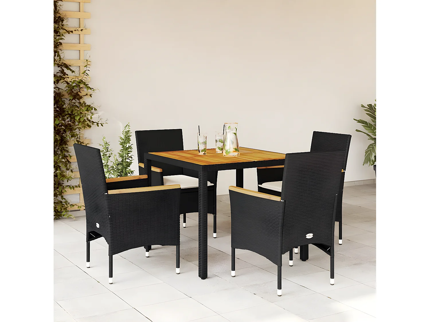 Ensemble à manger de jardin et coussins 5 pcs noir rotin acacia