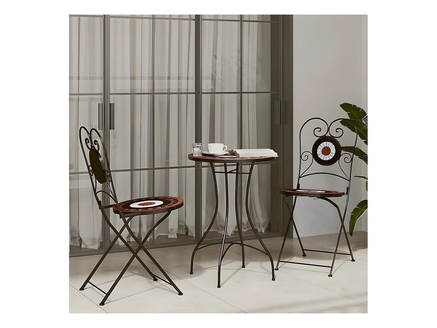 Ensemble de bistro mosaïque terre cuite blanc fer et céramique