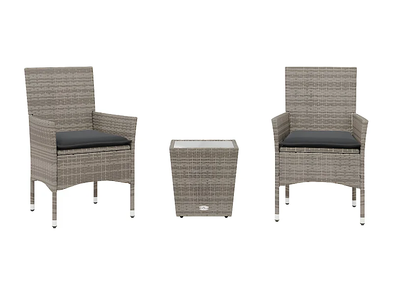 Ensemble de bistro avec coussins 3 pcs gris rotin et verre