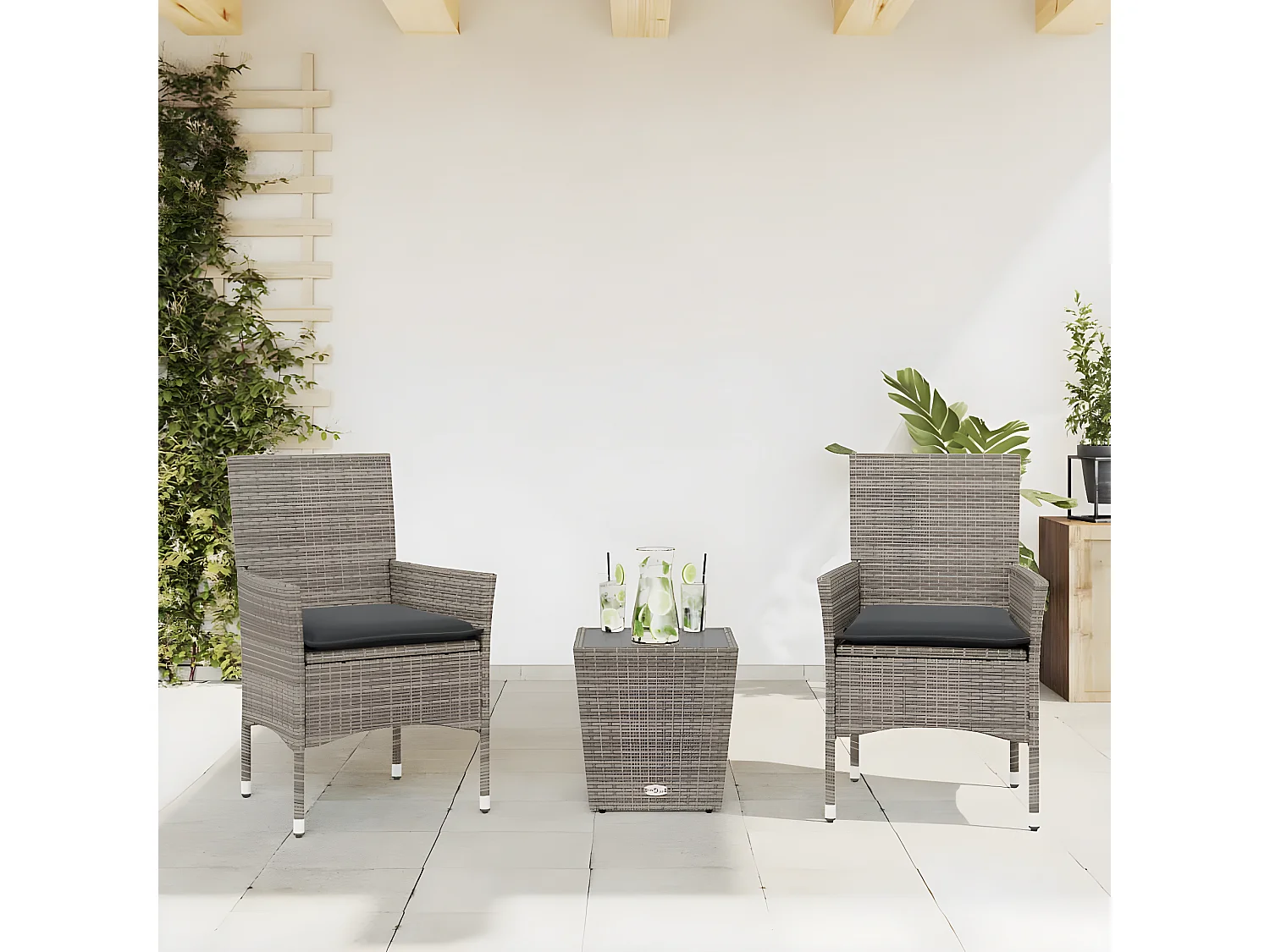 Ensemble de bistro avec coussins 3 pcs gris rotin et verre