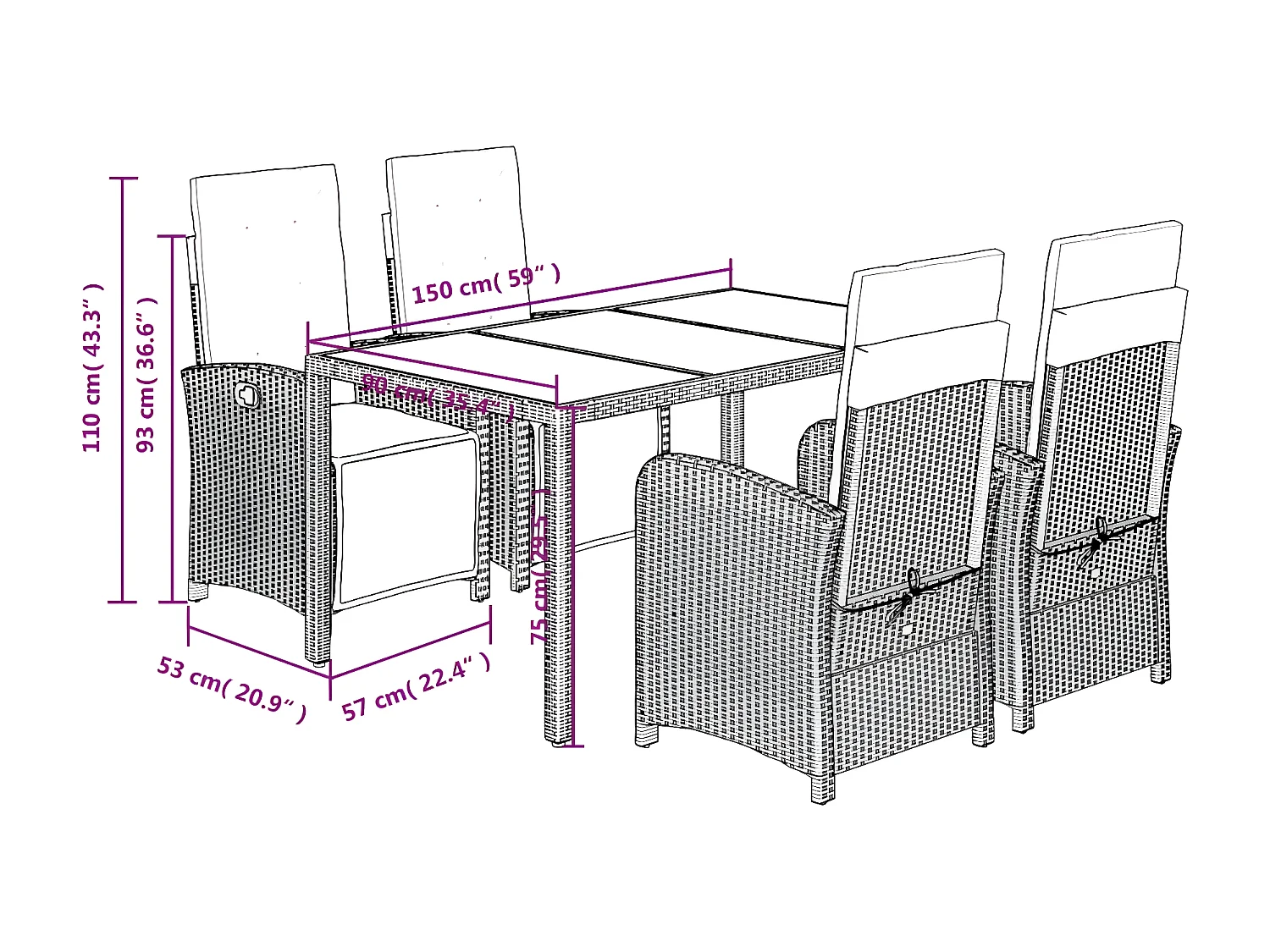 Ensemble à manger de jardin 5 pcs coussins gris résine tressée
